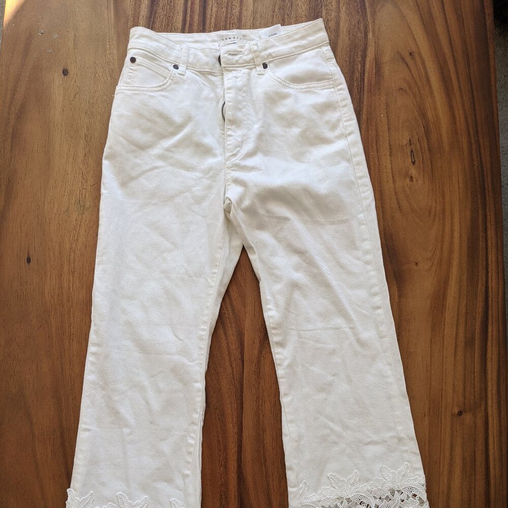 SANDRO PARIS white cottagecore prairie bohemian floral lace trim flare denim
